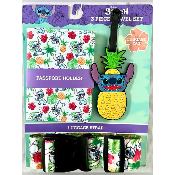 Disney Other - Disney Stitch 3-Piece Travel Set Passport Holder Luggage Tag Strap Tropical
